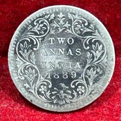 India - British 2 Annas 1889 - Victoria Rare Silver Coin # E-239