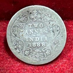 India - British 2 Annas 1888 - Victoria Rare Silver Coin # E-243