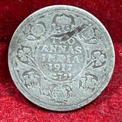 India - British 2 Annas 1917 - George V Rare Silver Coin # E-244