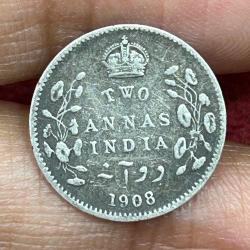 British-India 2 Annas 1908 - (Edward VII) Rare Silver Coin #E-264