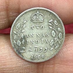 British-India 2 Annas 1906 - (Edward VII) Rare Silver Coin #E-265