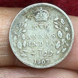 British-India 2 Annas 1907 - (Edward VII) Rare Silver Coin #E-267