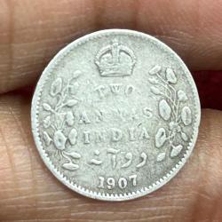British-India 2 Annas 1907 - (Edward VII) Rare Silver Coin #E-268
