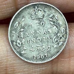 British-India 2 Annas 1907 - (Edward VII) Rare Silver Coin #E-269