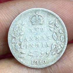 British-India 2 Annas 1910 (Edward VII) Rare Silver Coin #E-260