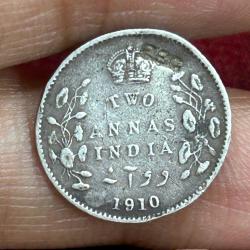 British-India 2 Annas 1910 (Edward VII) Rare Silver Coin #E-249