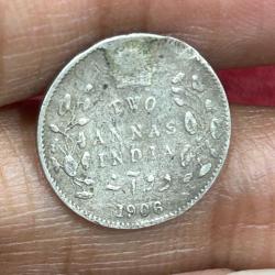 British-India 2 Annas 1906 (Edward VII) Rare Silver Coin #E-262