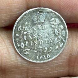British-India 2 Annas 1910 (Edward VII) Rare Silver Coin #E-263