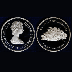 Guernsey 25 Pence 1977 - Elizabeth II Silver Jubilee; Silver Proof Rare Commemorative coin with box