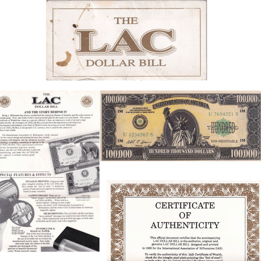 One Lac Dollar Bill With Certificate Rare Set#B2