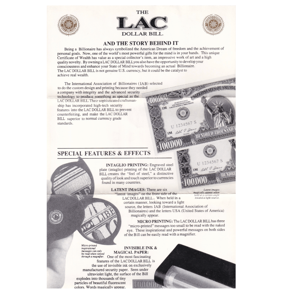 One Lac Dollar Bill With Certificate Rare Set#B2