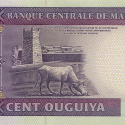100 Ouguiya of Mauritania Country (AD 2015) with Geometric and ornamental designs/Ardin – a string musical instruments, Cow in front of ancient Chinguetti Mosque