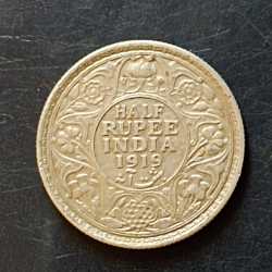 Silver British India King and emperor George v Denominaton 1/2₹ year 1919 Same and similar piece available