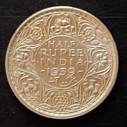 Silver British India denomination half rupees year 1939 excellent condition same and similar piece are available