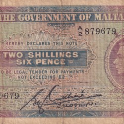 Malta 2 Shillings 6 Pence - George VI Old Issue Rare Note #B2