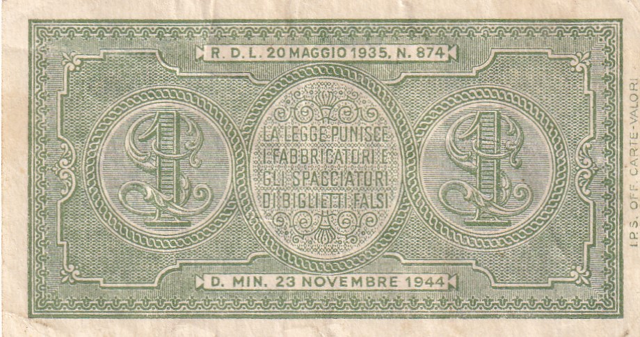 Italy 1 Lira (1944) Issue Rare Note #B2