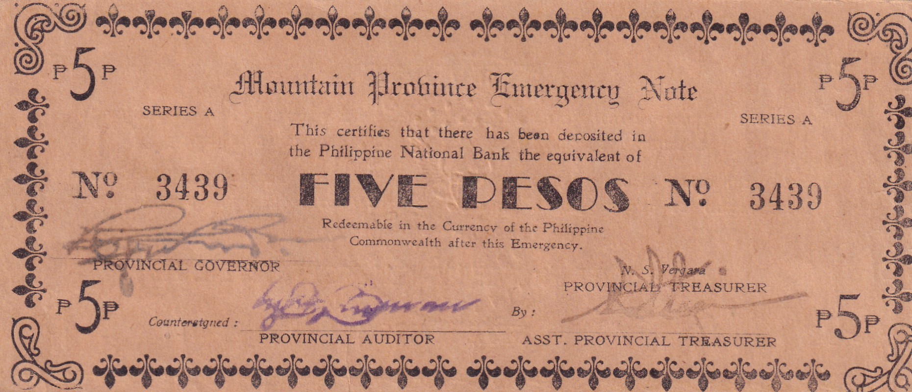 Philippines Mountain Province 5 Pesos (1942) Old Issue Rare Note #B2
