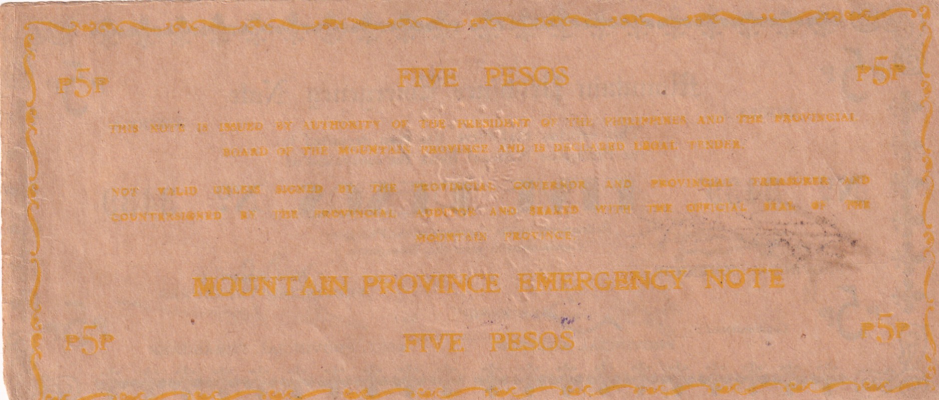 Philippines Mountain Province 5 Pesos (1942) Old Issue Rare Note #B2