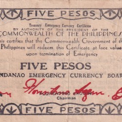 Philippines › Mindanao, 5 Pesos (1944) old Issue Rare Note #B2