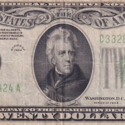 United States 20 Dollars Federal Reserve Note; Large Twenty; small portrait (1934 Series ) Old Issue Rare Note #B2