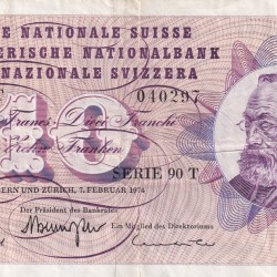 Switzerland 10 Francs (5th series) 1974 Rare Note #B2