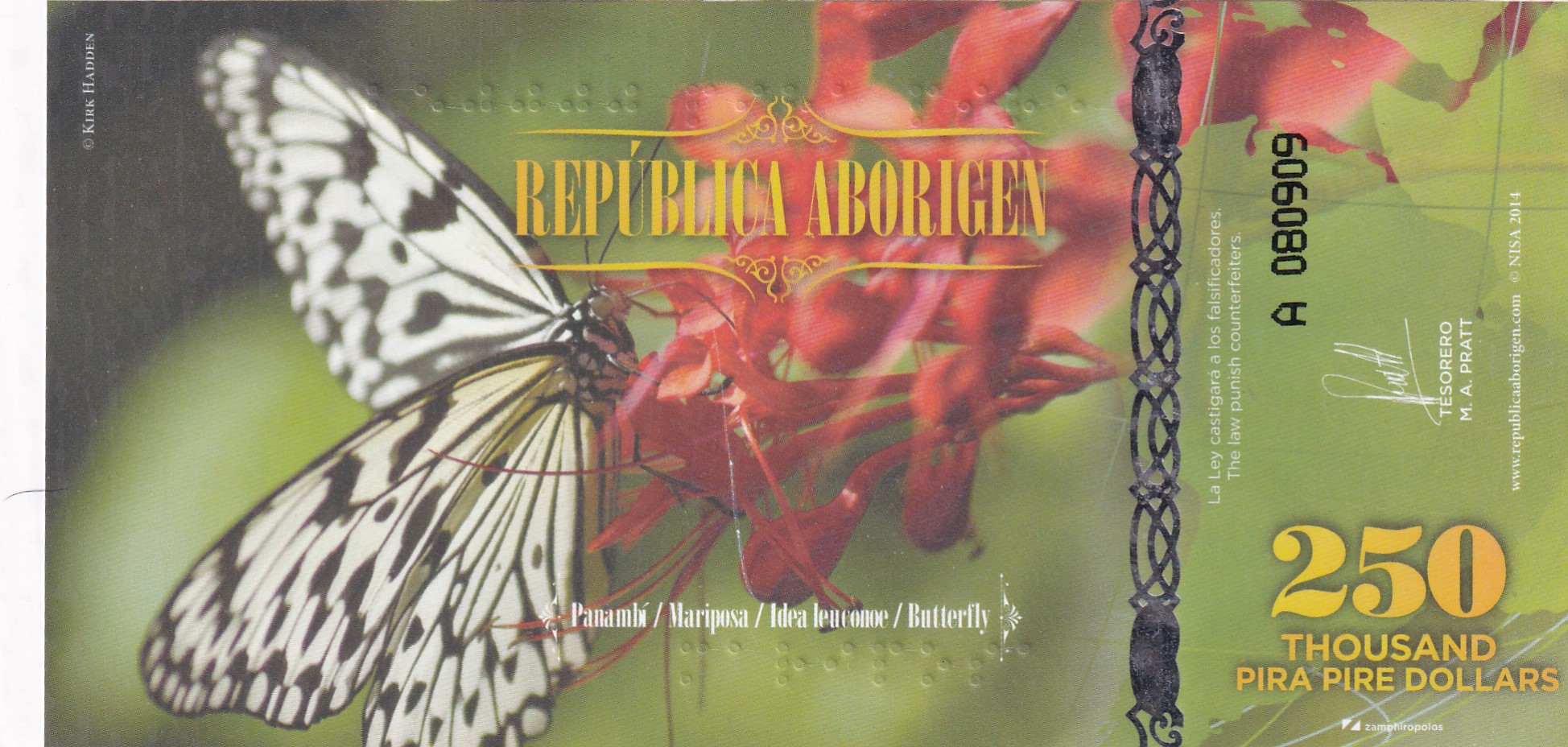 Republica Aborigen 250000 (250,000) Pira Pire $ Polymer 2014, UNC ButterflyPolymer UNC Note #B2