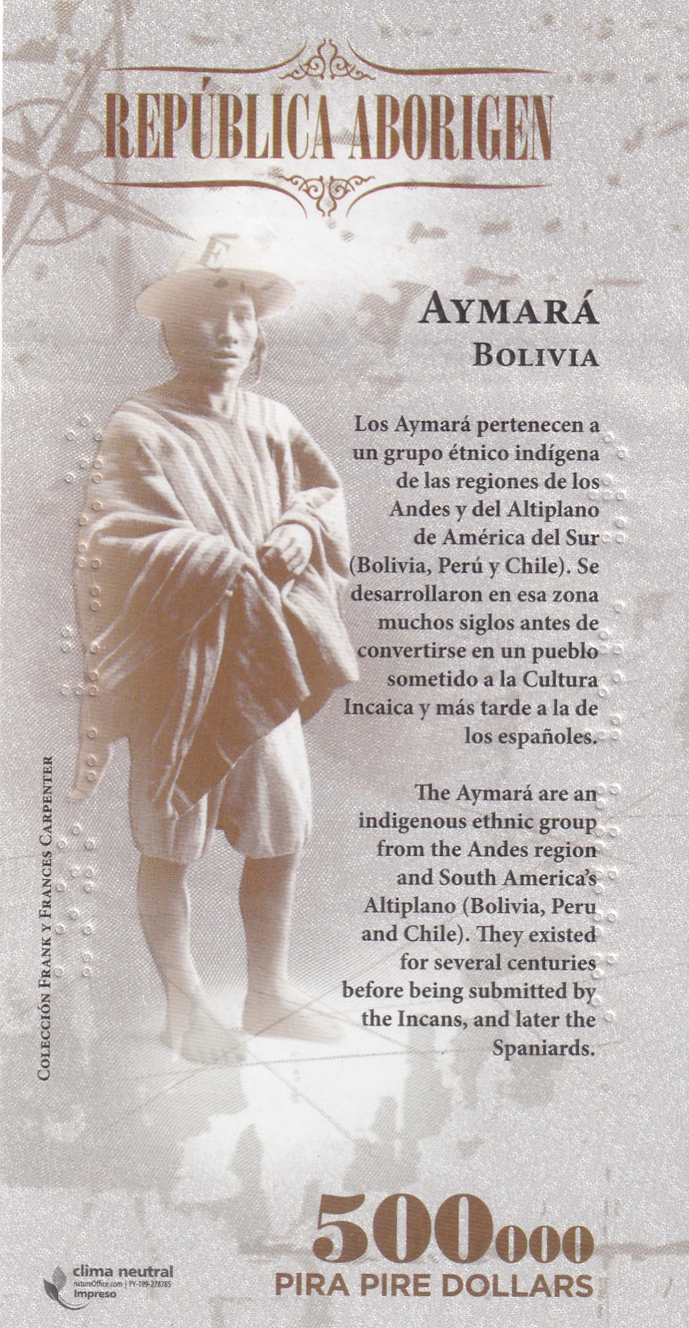 Republica Aborigen 500000 (500,000) Pira Pire $ Polymer 2014, UNC Black-Striped Capuchin Polymer UNC Note #B2