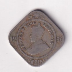 British- India 2 Annas 1936 George V Rare (Bombay Mint) Coin #K-42