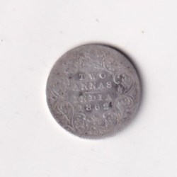 India - British 2 Annas 1862- Victoria Rare Silver coin#K-93