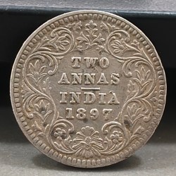 India - British 2 Annas 1897- Victoria Silver High Graded Rare Coin #C-68