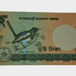 Bangladesh 2 Taka On Bird Theme Oriental Magpie-Robin Doyel [National Bird] Bank Note in High AUNC Grade.