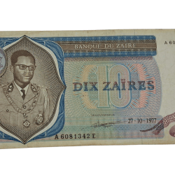 Republic of Zaire 10 Zaires Year 1977 Portrait of the President Mobutu SESE SEKO "Big Size" Bank Note **Rare** Collectable Grade.