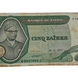 Republic of Zaire 5 Zaires Year 1977 Portrait of the President Mobutu SESE SEKO "Big Size" Bank Note **Rare** Collectable Grade.