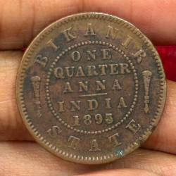 Indian Local and Princely states › Bikanir, ¼ Anna 1895 - Victoria Rare Coin #C-52