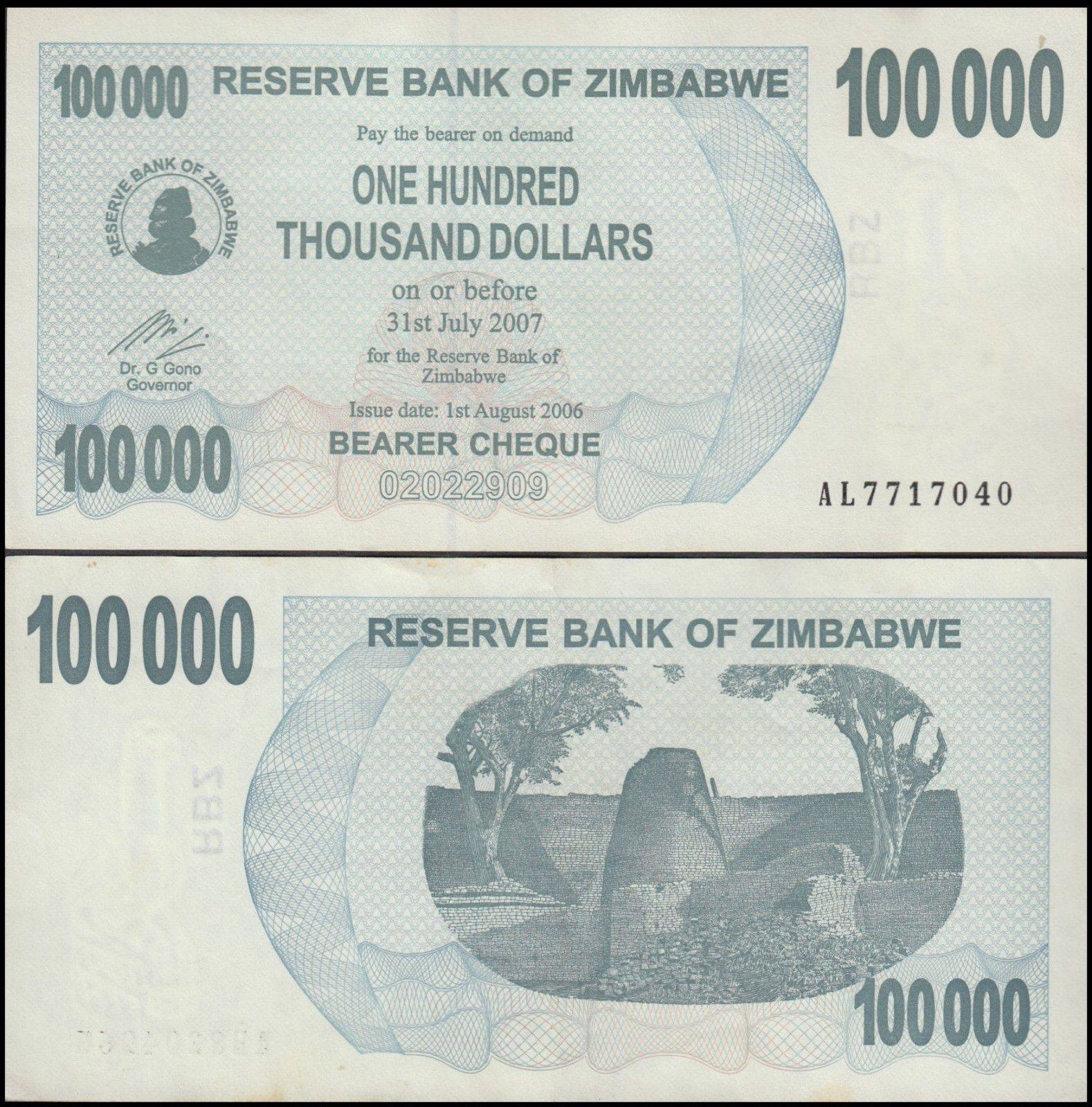 Zimbabwe 100000 Dollars World Banknote Bearer Cheque 2007 P52 Used Unique and Rare