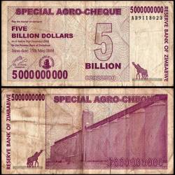 Zimbabwe 5 Billion Dollars Bearer Cheque World Banknote 2008 P55 Used Unique and Rare