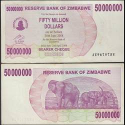 Zimbabwe 50 Million Dollars Bearer Cheque World Banknote 2008 P55 Used Unique and Rare