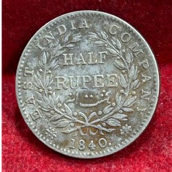 India - British ½ Rupee 1840 - Victoria (Continuous legend) Rare Silver Coin