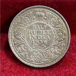 India - British ½ Rupee 1936 -George V Rare Silver Almost Unc Coin