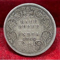 India - British ½ Rupee 1862 - Victoria Rare Silver Coin