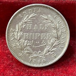 British-India ½ Rupee -Victoria (Divided legend) 1840 Rare Silver A-U Condition Coin