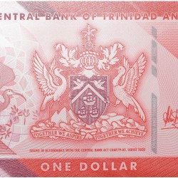 Polymer/Plastic 1 Dollar of Trinidad & Tobago Country (AD 2020) with Eric Williams Finance Building in Port of Spain where Central bank of T&T is located