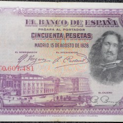 Old 50 Pesetas of Spain (AD 1928) with Bust of Spanish painter Diego Rodríguez de Silva/Painting "La rendición de Breda" (The Surrender of Breda) by Velázquez