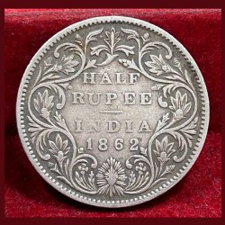 India - British ½ Rupee 1862 - Victoria Rare Silver Coin