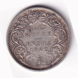 India - British ½ Rupee 1862 - Victoria Rare High Grade Silver Coin