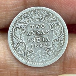 India - British 2 Annas 1892 - Victoria Rare Silvre Coin #K-189