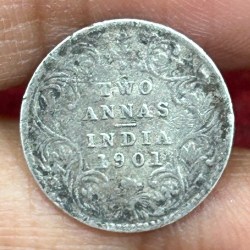 India - British 2 Annas 1901- Victoria Rare Silvre Coin #K-190