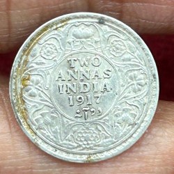 British-India Two Annas 1917 (George V) Rare Silver Coin#K-183