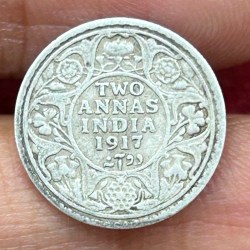 British-India Two Annas 1917 (George V) Rare Silver Coin#K-192