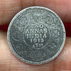 British-India Two Annas 1913 (George V) Rare Silver Coin#K-193